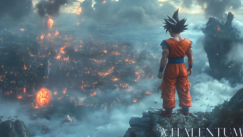 Heroic warrior gazes over a burning city in stormy skies