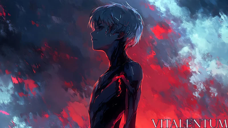 Solitary ember boy framed by stormy neon twilight skies.