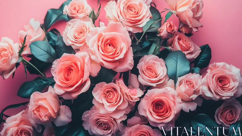 Coral roses cascade through blush backdrop, teal foliage weaves romance.