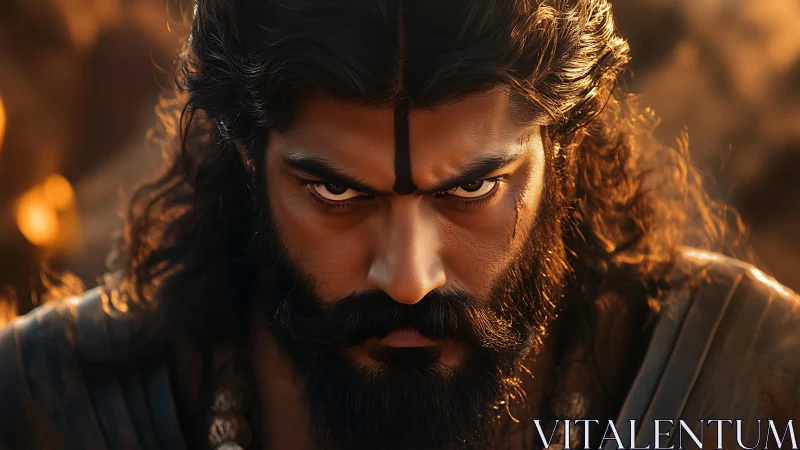 Intense warrior close-up glows in dramatic golden light.