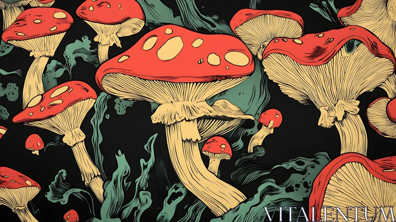 Bold red toadstools drift through swirling dark forest night.