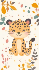 Smiling cartoon leopard sits amid soft autumn foliage.