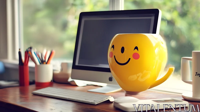 Smiling yellow mug accentuating sunlit creative workspace.