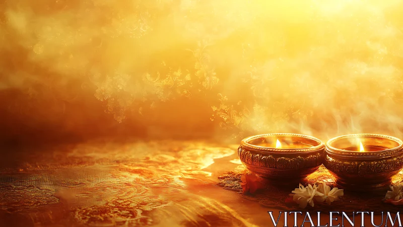 Two metal oil lamps with floral motifs emit soft yellow light