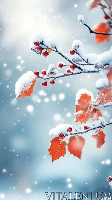 Snow-dusted red berries and autumn leaves glow against winter sky.