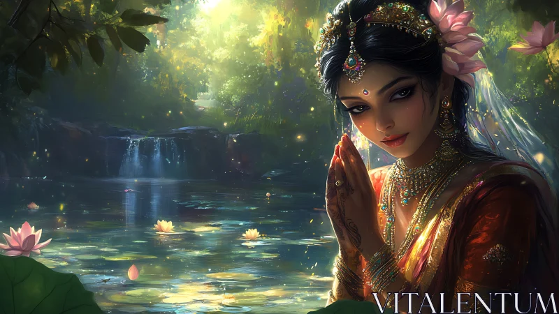 Luminescent river goddess in jeweled silence of dawn.