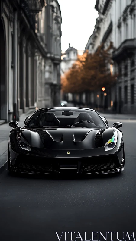 Sleek black supercar gliding calmly through quiet city streets.