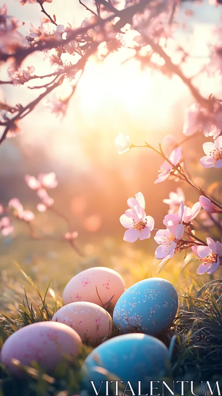 Pastel Easter eggs glow beneath dreamy spring blossoms