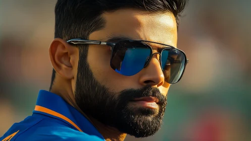 Confident bearded man in mirrored shades under warm sunlight