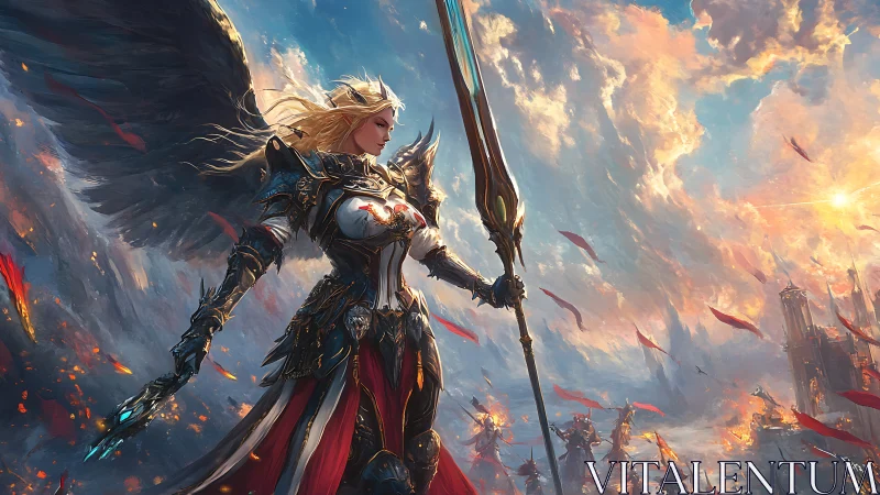 Winged paladin commander with greatsword over burning battlefield