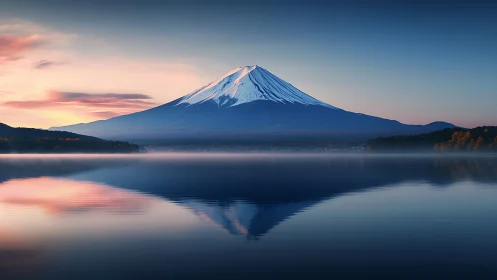 Photorealistic alpine volcano with mirrored lake symmetry.