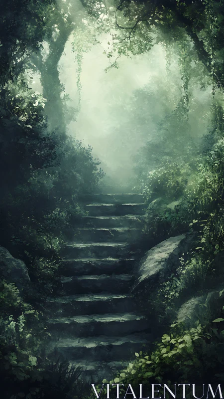 Stone Steps Through Misty Forest Archway.