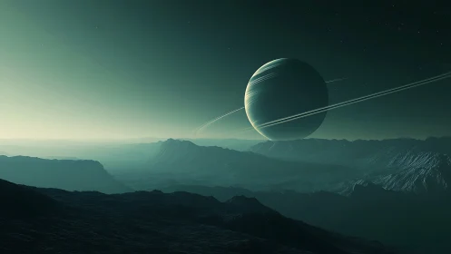 Ringed gas giant rises over alien mountain horizon.