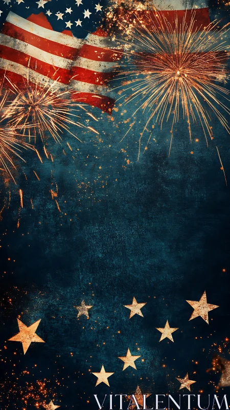 Firelit flag and vintage stars blaze across midnight sky.