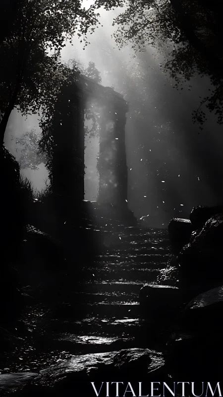 Ruined stone archway in misted forest chiaroscuro lighting.