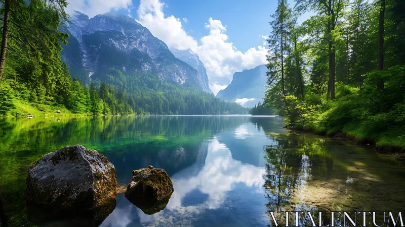Still mountain lake cradled by bright forest and soft clouds.