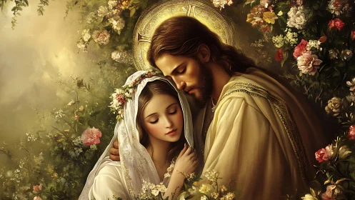 Religious Portrait: Two Figures with Halo and Floral Garden