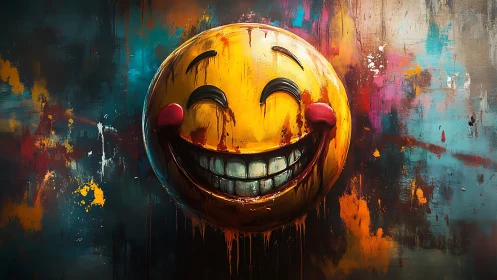 Grinning smiley face dripping over chaotic neon graffiti wall.