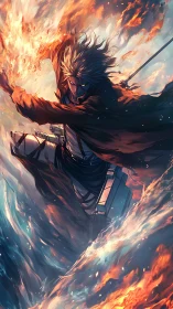 Dynamic anime swordsman amid dual fire and water vortexes.