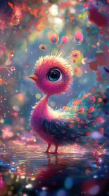 Neon plumage bird glows in dreamy reflective forest pool