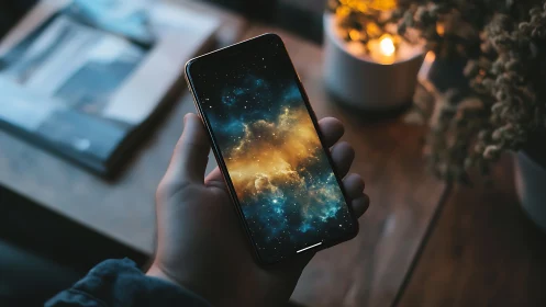 Pocket nebula glow cradled in a candlelit evening room.