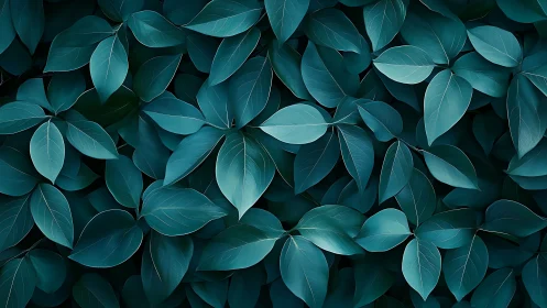 Teal foliage pattern with layered elliptical leaves.