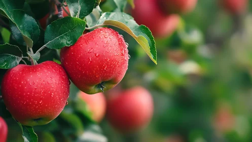 Ripe red apples hang on branch with fresh morning dew