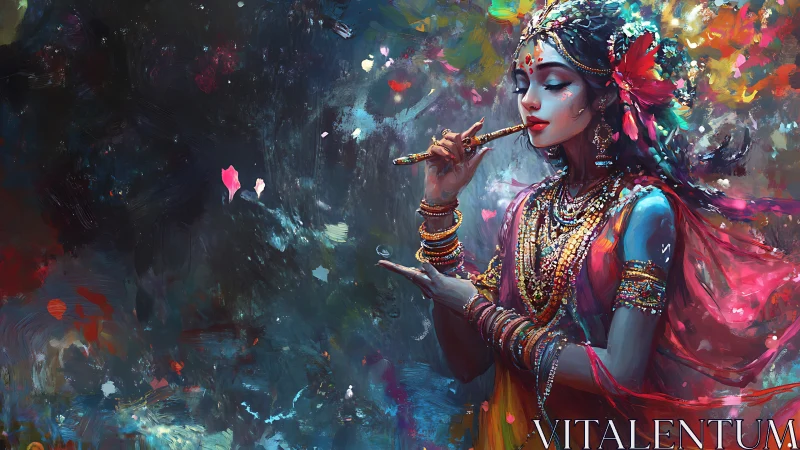 Radiant flute player in swirling jewel toned celebration.