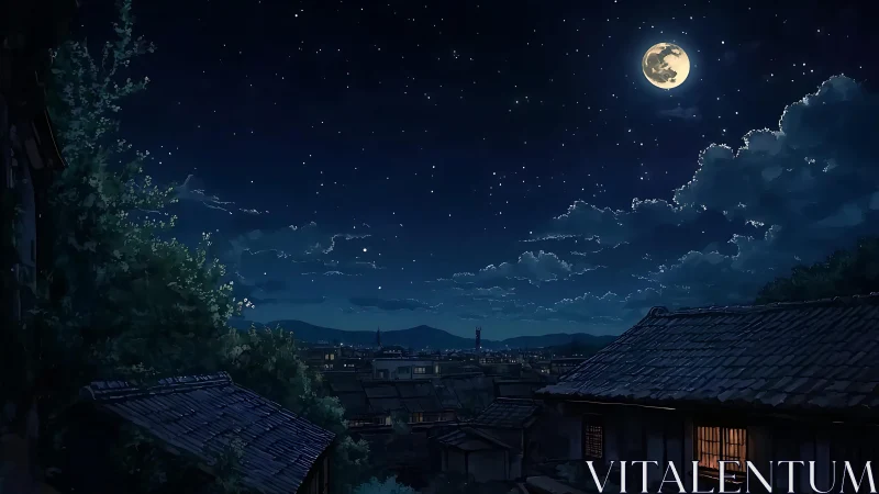 Moonlit rooftops over a quiet, starlit countryside town.