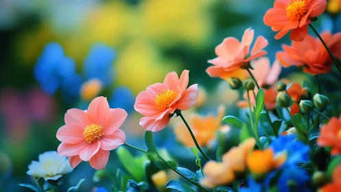 Vibrant Coral Dahlias Bloom Among Multicolored Garden Flowers.