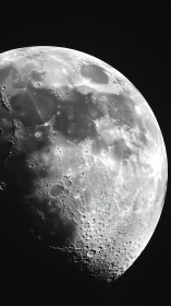 High-contrast lunar terminator study in monochrome detail.