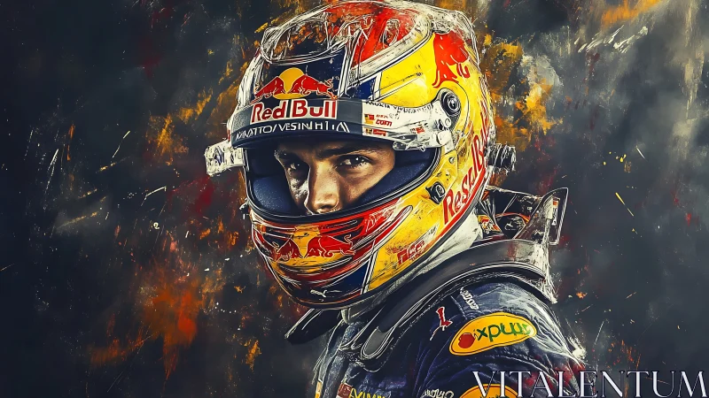 Racing driver portrait shows detailed helmet and suit graphics