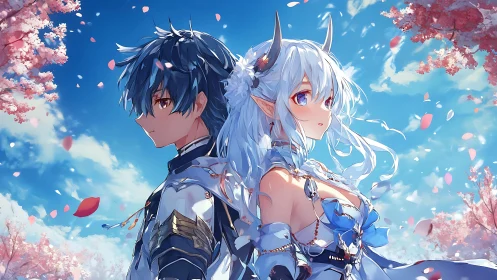 Fantasy anime duo stand back to back under cherry blossoms