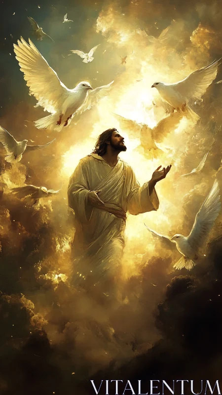 Radiant robed figure with white doves in glowing sky scene.
