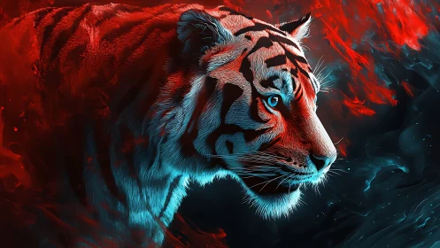 Neon twilight tiger drifting between fire and ice light.