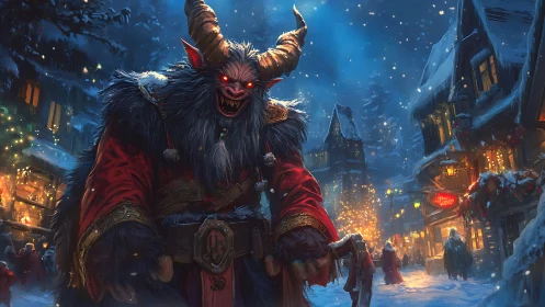Horned Krampus demon in snowy medieval Christmas village