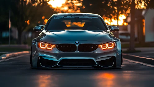 Sunset city street welcomes a sleek silver sports car.