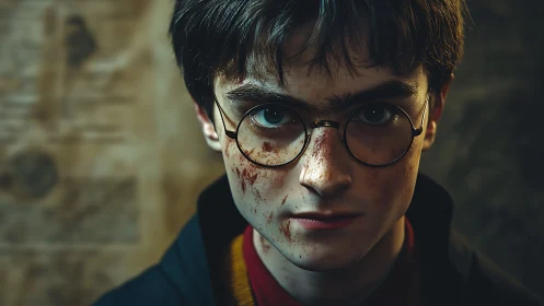 Cinematic close-up of bespectacled youth with battle grime.