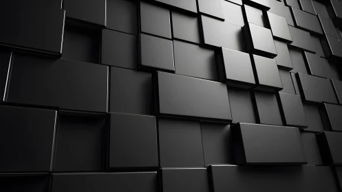 Modern abstract 3D black geometric wall with glossy rectangular blocks.