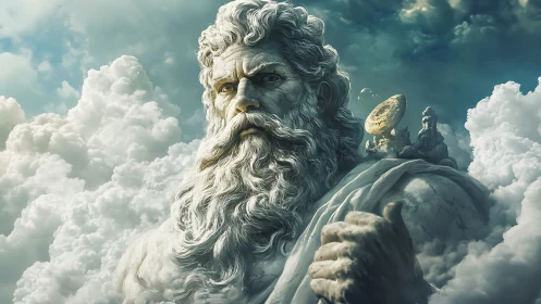 Majestic storm god of stone emerges from towering clouds.