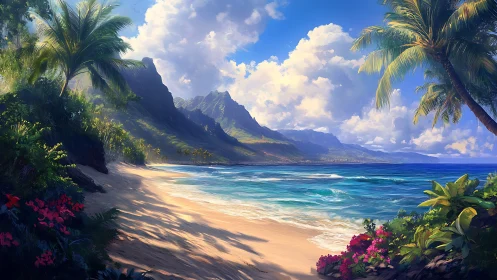 Tropical Beach with Mountain Vista and Palm Framing.