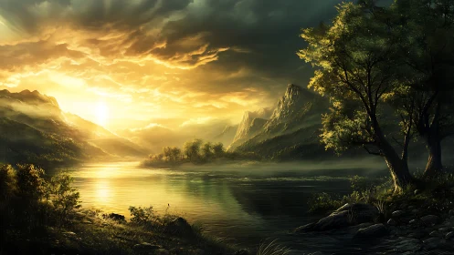 Digital landscape of sunlit lake, forest edge, distant mountains.