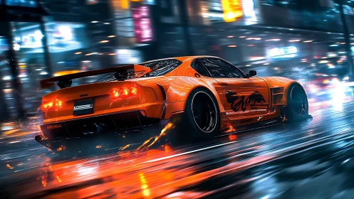 Widebody drift car accelerates through neon-lit wet city streets