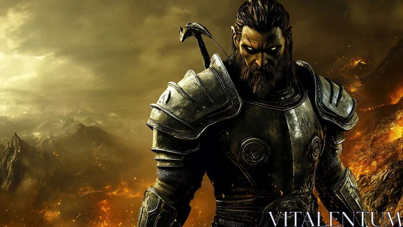 Armored warrior portrait in molten fantasy battlefield lighting.