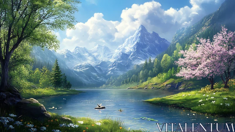 Bright mountain lake with snowy peaks and spring trees.