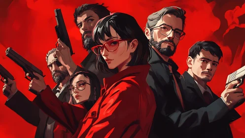 Armed ensemble of suited operatives in stylized red noir illustration