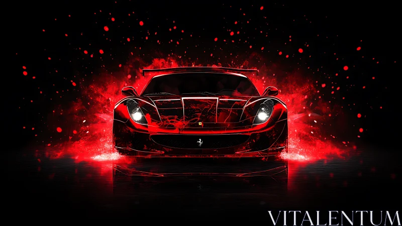 Red sports car bursts forward in high-contrast digital glow