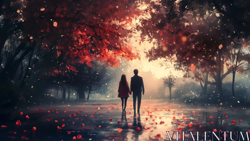 Two figures standing together under glowing red canopy