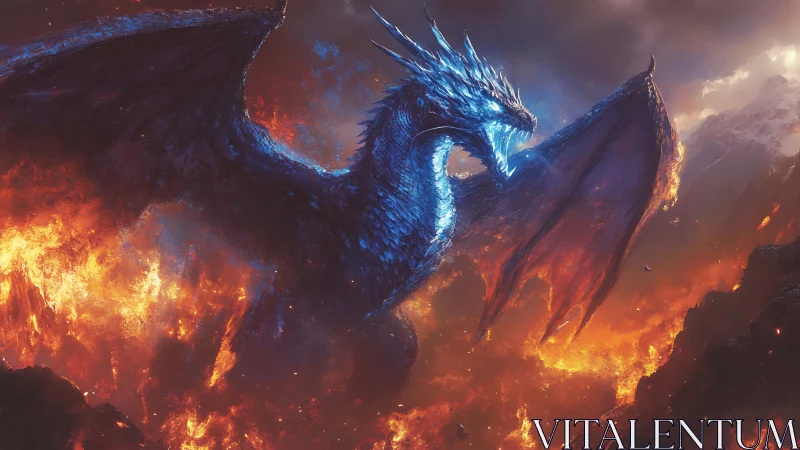 Sapphire inferno dragon rising over a blazing volcanic world.