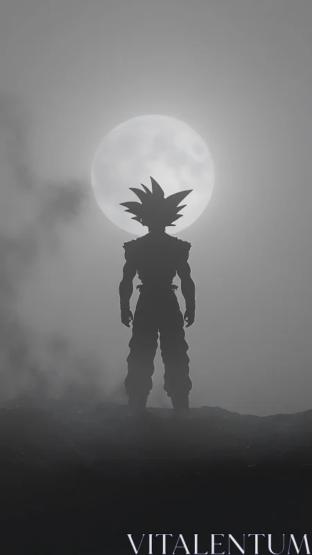 Silhouetted spiky haired fighter stands against full moon backlight